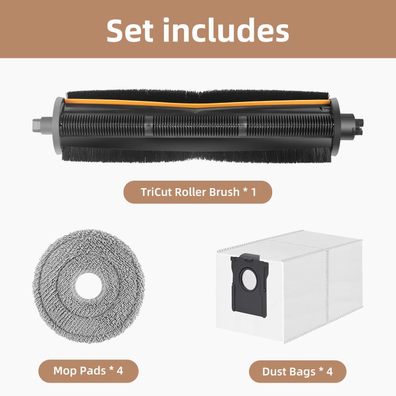 YUEYEE TriCut Brush Accessories Replacement Parts for Dreame X40 Ultra/ X30 Ultra/ L30 Ultra/ L10s Ultra/ L20 Ultra/ L10s Pro/ L40 Ultra, MOVA P10 / P10 Pro/ P50 Pro, Includes 4 mop Cloths, 4 dust Bags - Image 3